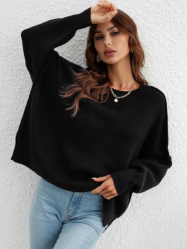 Casual Long Sleeves Loose Split-Side Solid Color Round-Neck Sweater Tops Product Image