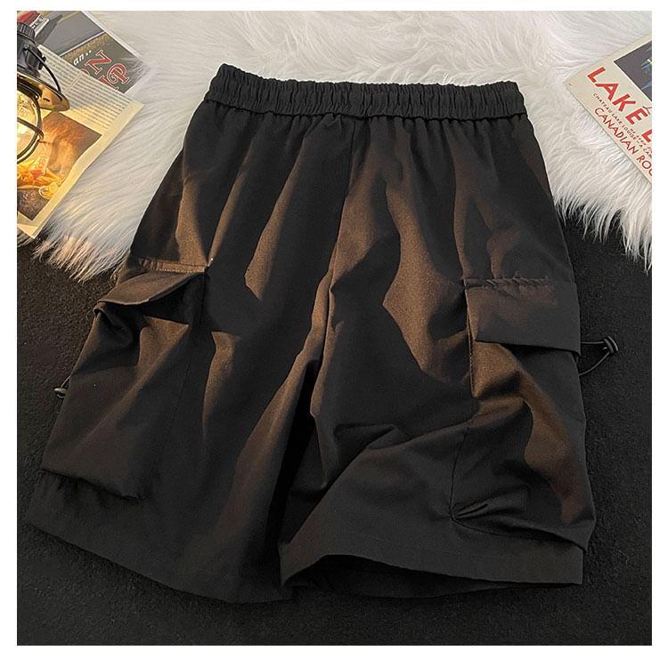 Mid Rise Plain Drawstring Cargo Shorts Product Image