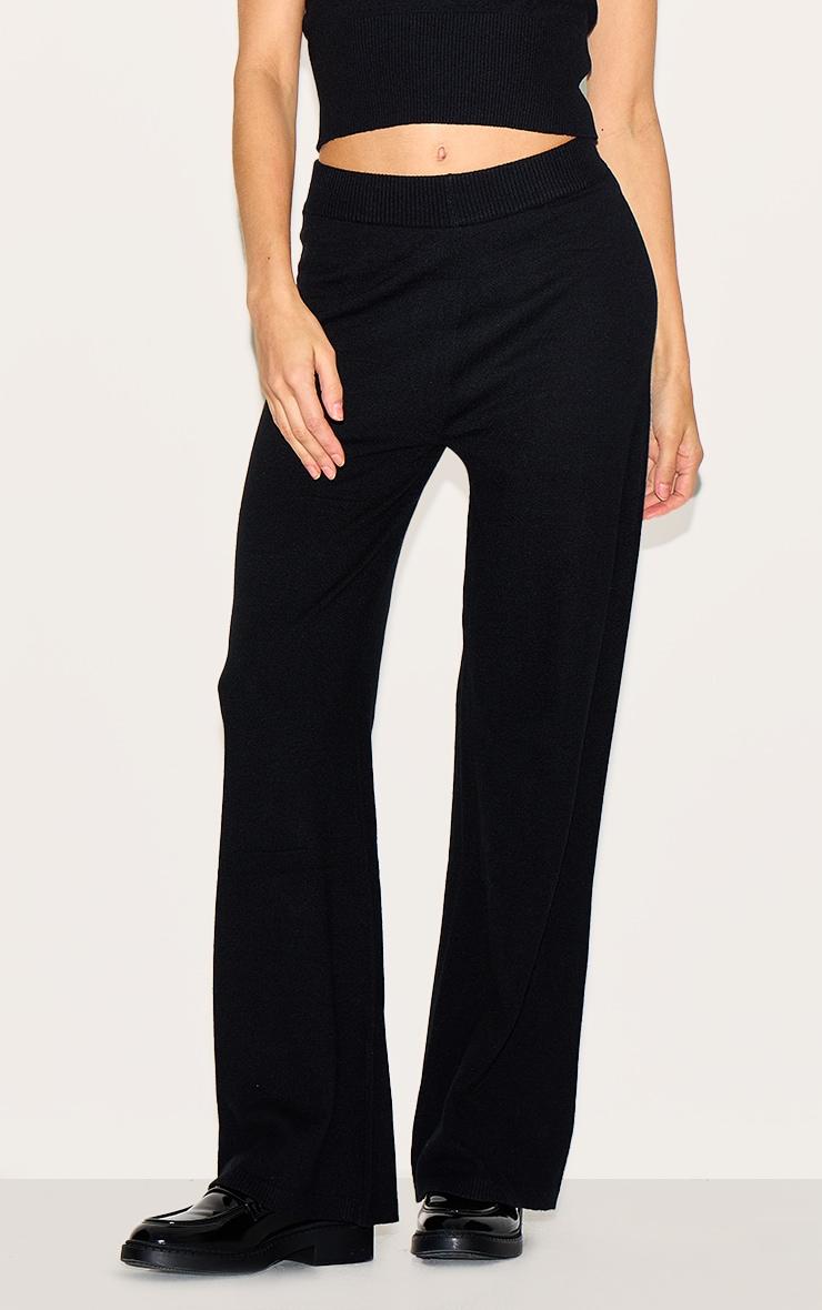 Black Basic Knit Wide Leg Pants Product Image