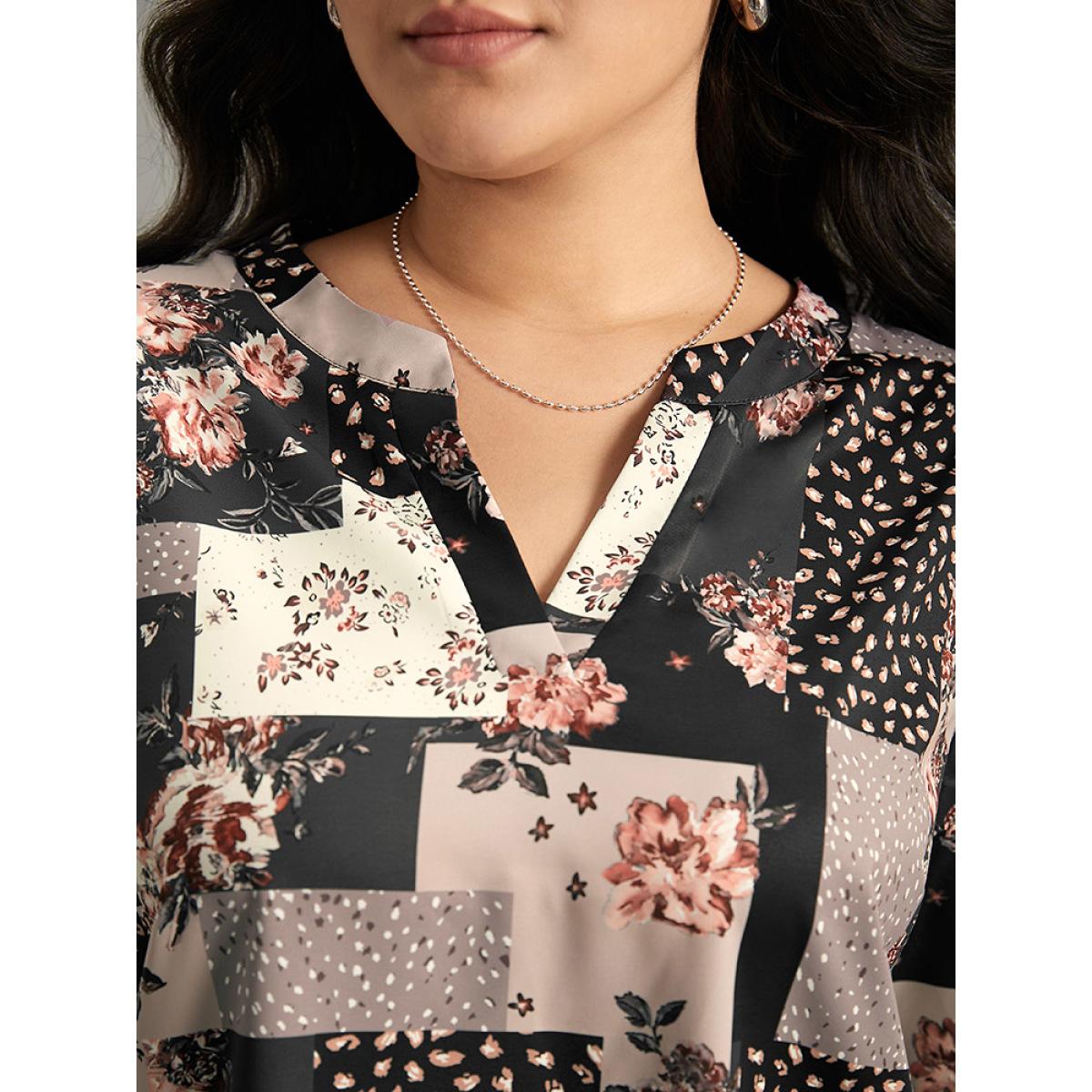 Plus Size BlackFlower Floral Colorblock Contrast Tab Sleeve Blouse Women Elegant Elbow-length sleeve V-neck Dailywear Blouses BloomChic 14-16/1X Product Image