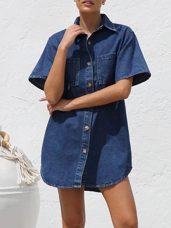 Loose Short Sleeves Split-Joint Lapel Mini Dresses Shirt Dress Product Image