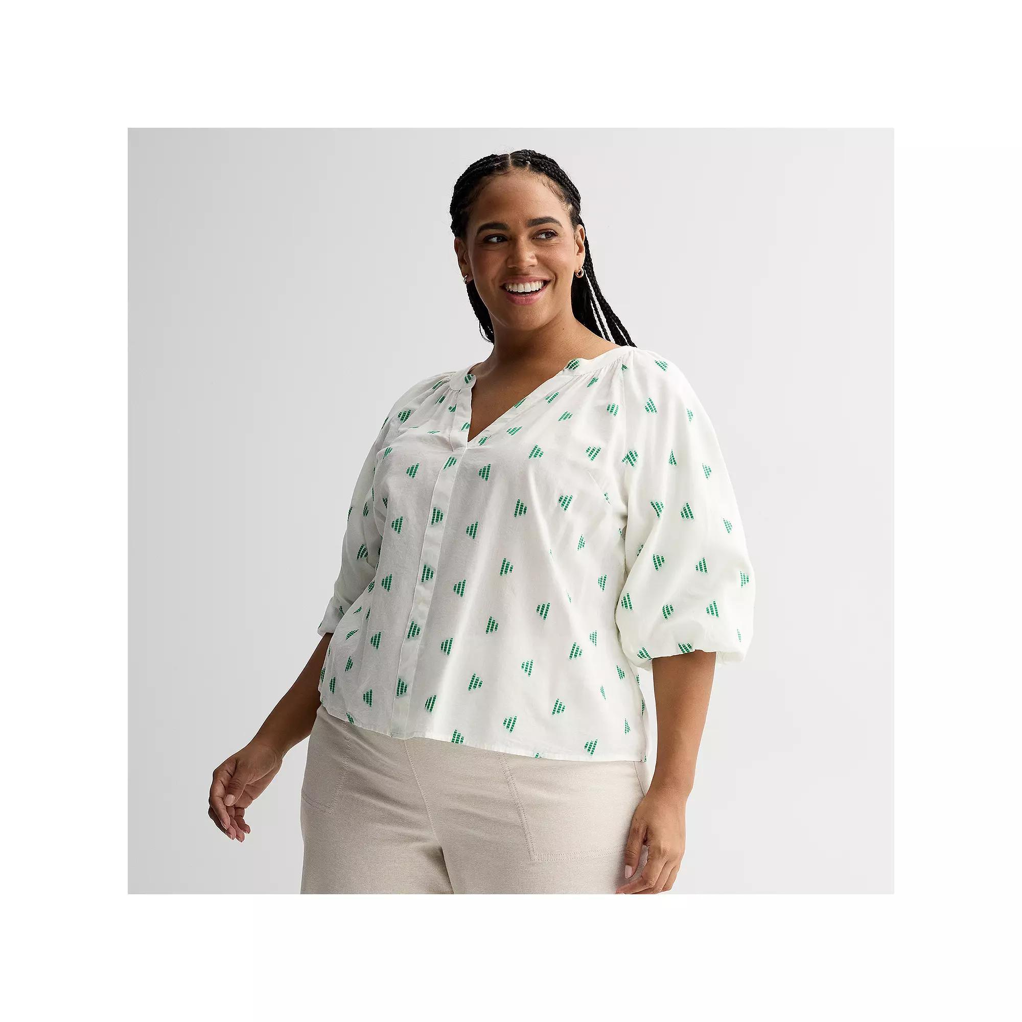 Plus Size Sonoma Goods For Life® Shirred Y-Neck Balloon Sleeve Blouse, Women's, Size: 4XL, Green Dobby Product Image