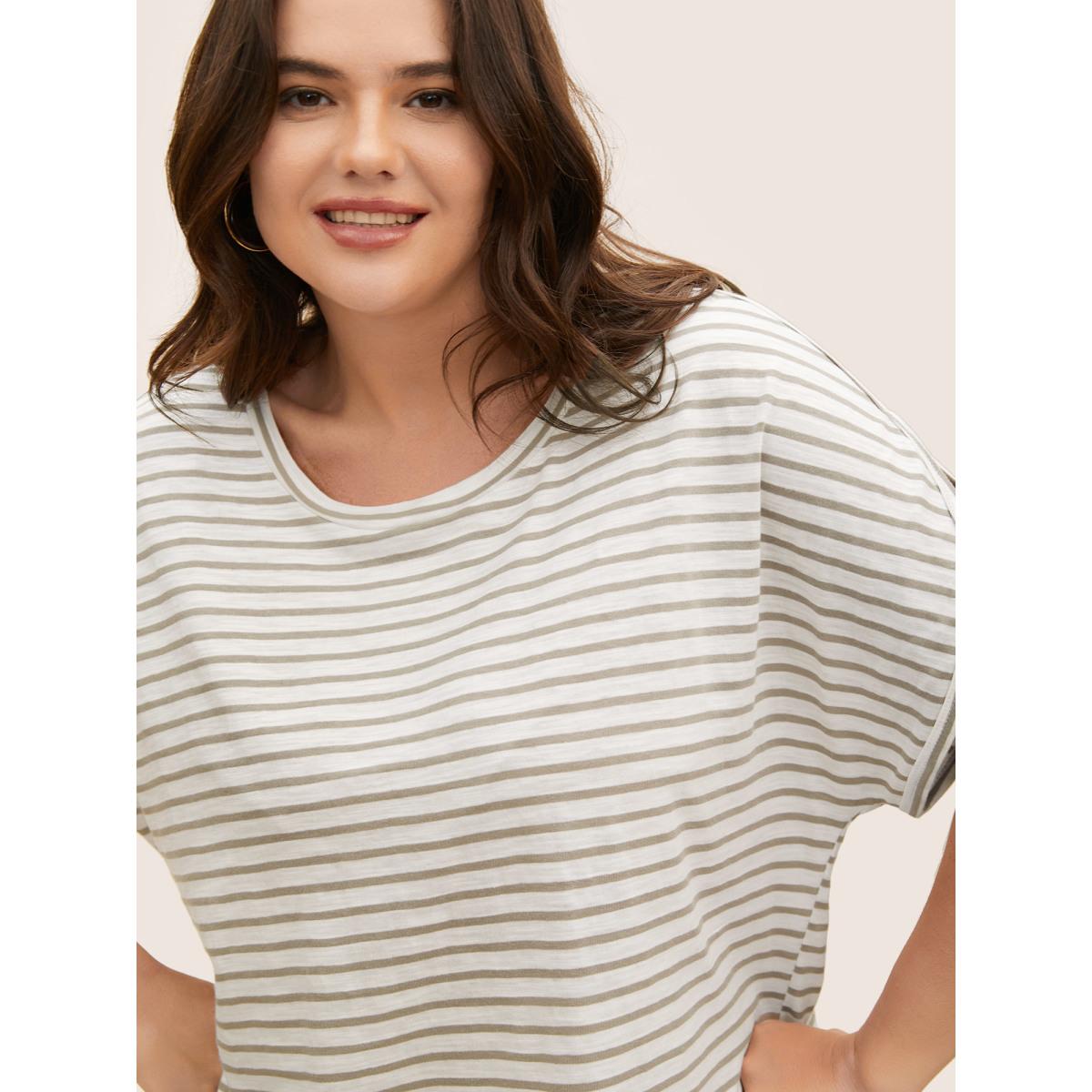 Plus Size Cotton Striped Print Round Neck Petal Sleeve T-shirt Tan Women Casual Contrast Round Neck Everyday T-shirts BloomChic 28/5X Product Image