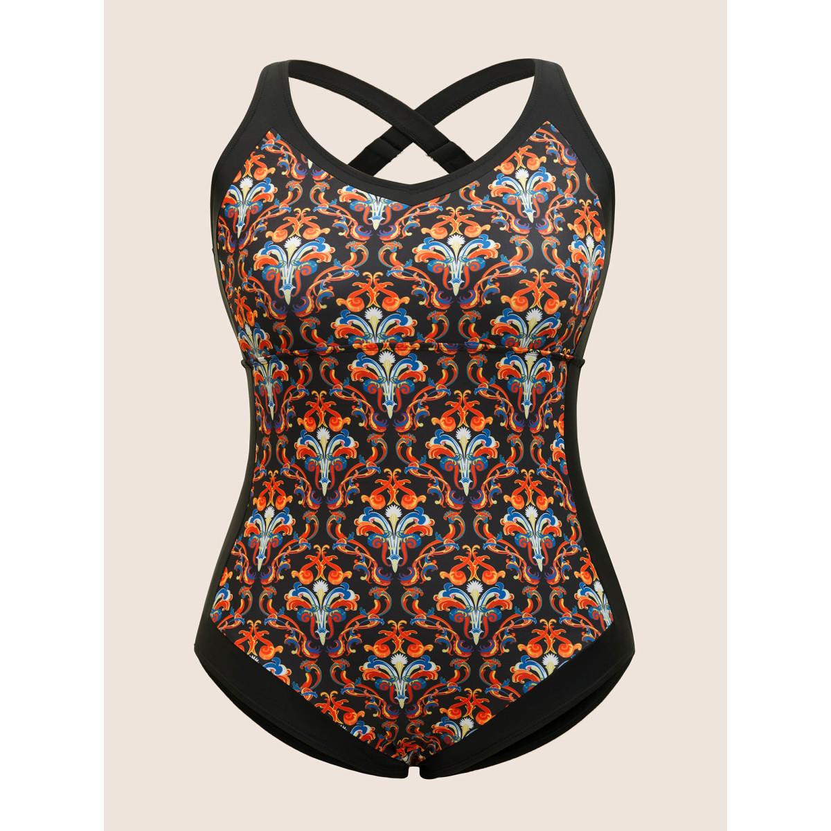 Plus Size Patchwork Boho Print Adjustable Straps One Piece Swimsuit Women's Swimwear Black Beach Non Curve Bathing Suits High stretch One Pieces BloomChic 18-20/2X Product Image