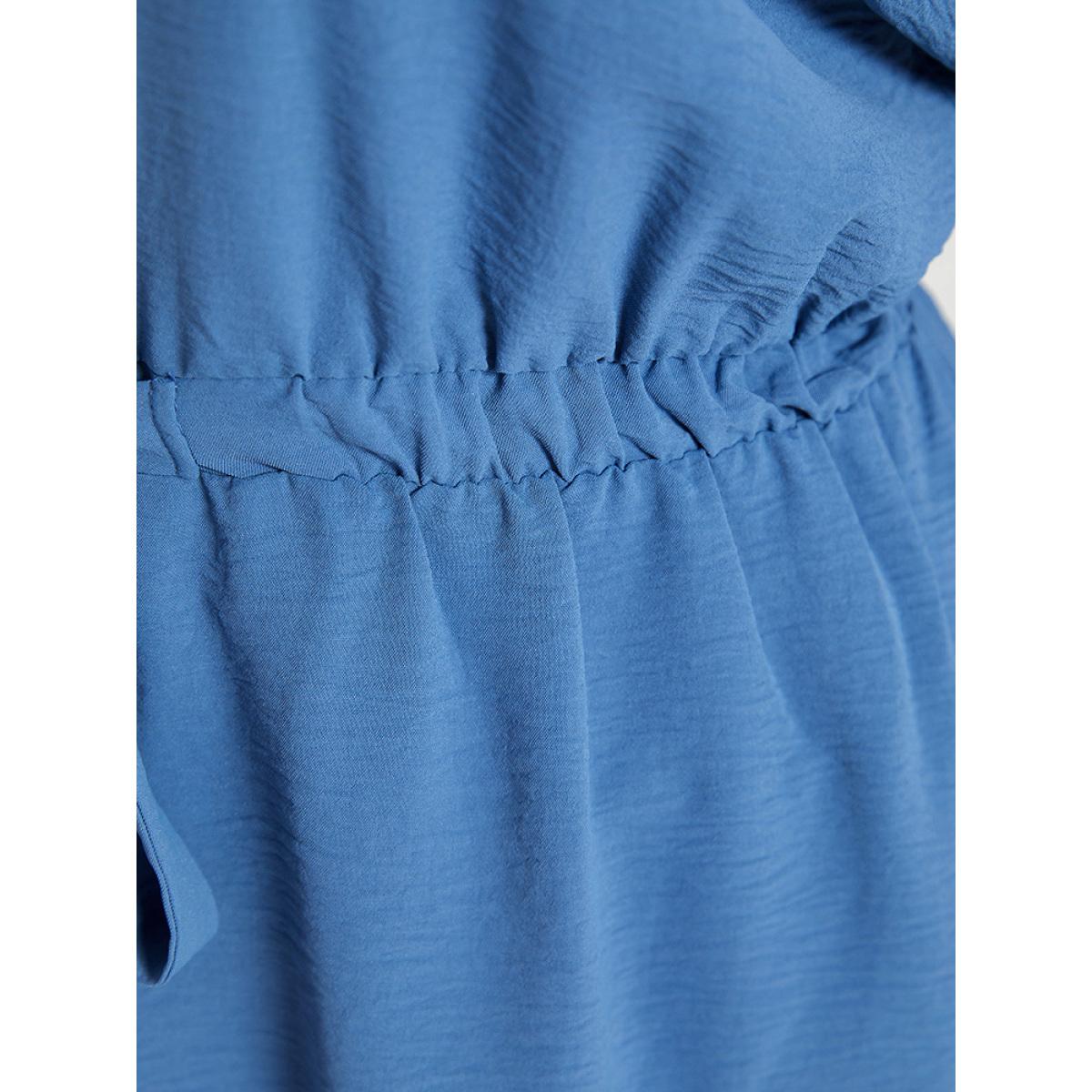 Plus Size DarkBlue Solid Drawstring Notched Batwing Sleeve Button Up Blouse Women Office Short sleeve V-neck Work Blouses BloomChic 22-24/3X Product Image