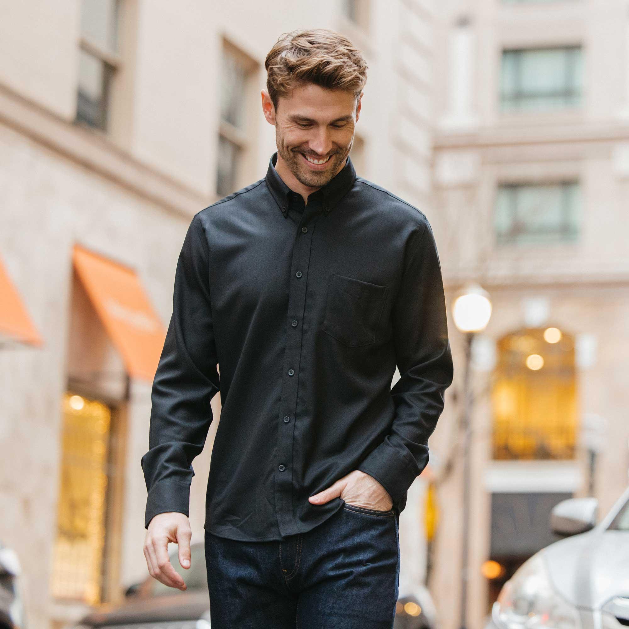 Merino Wool Button-Down Shirt | Black Twill Product Image