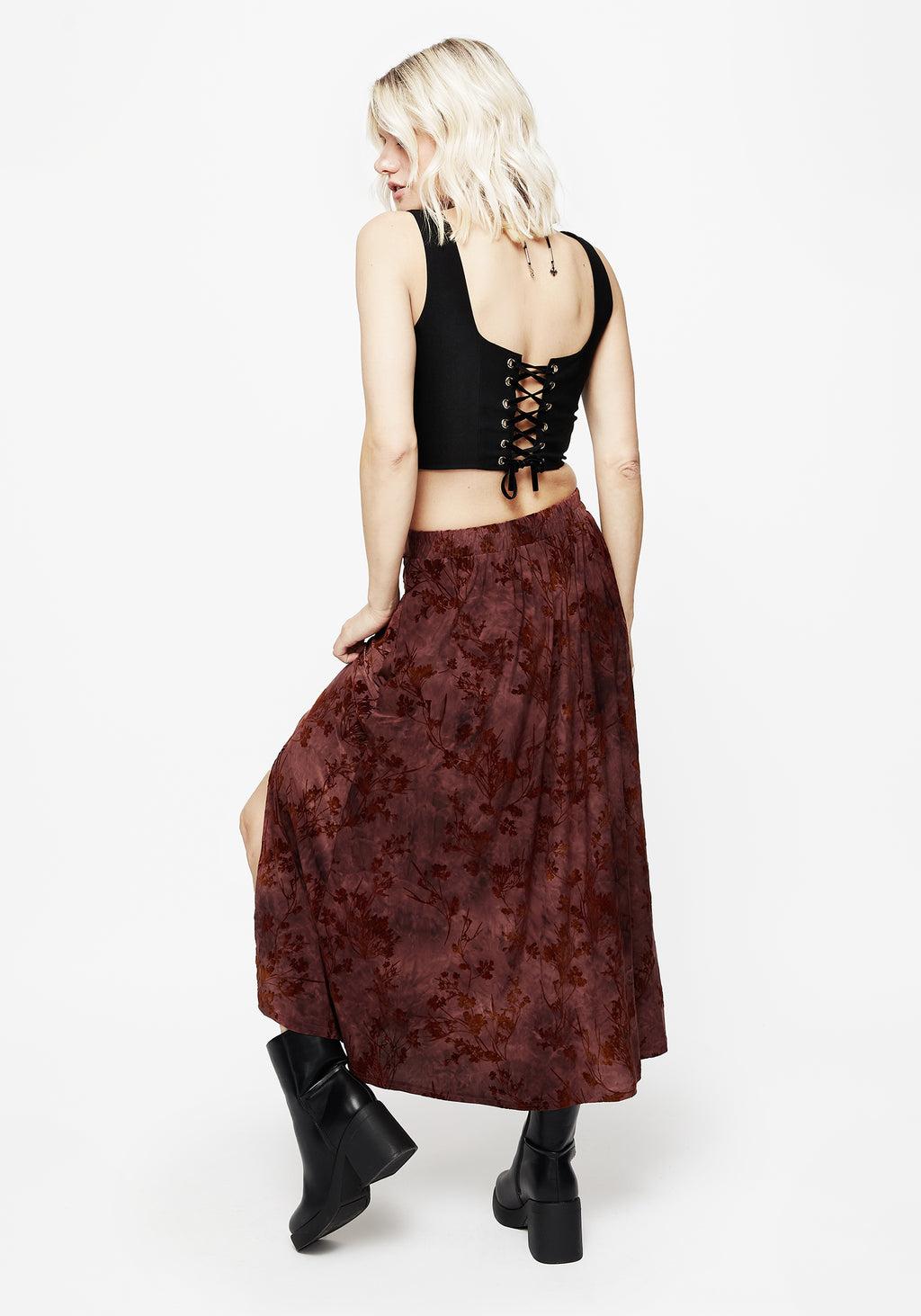Wytchelm Floral Flocked Velour Midaxi Skirt - Red Product Image