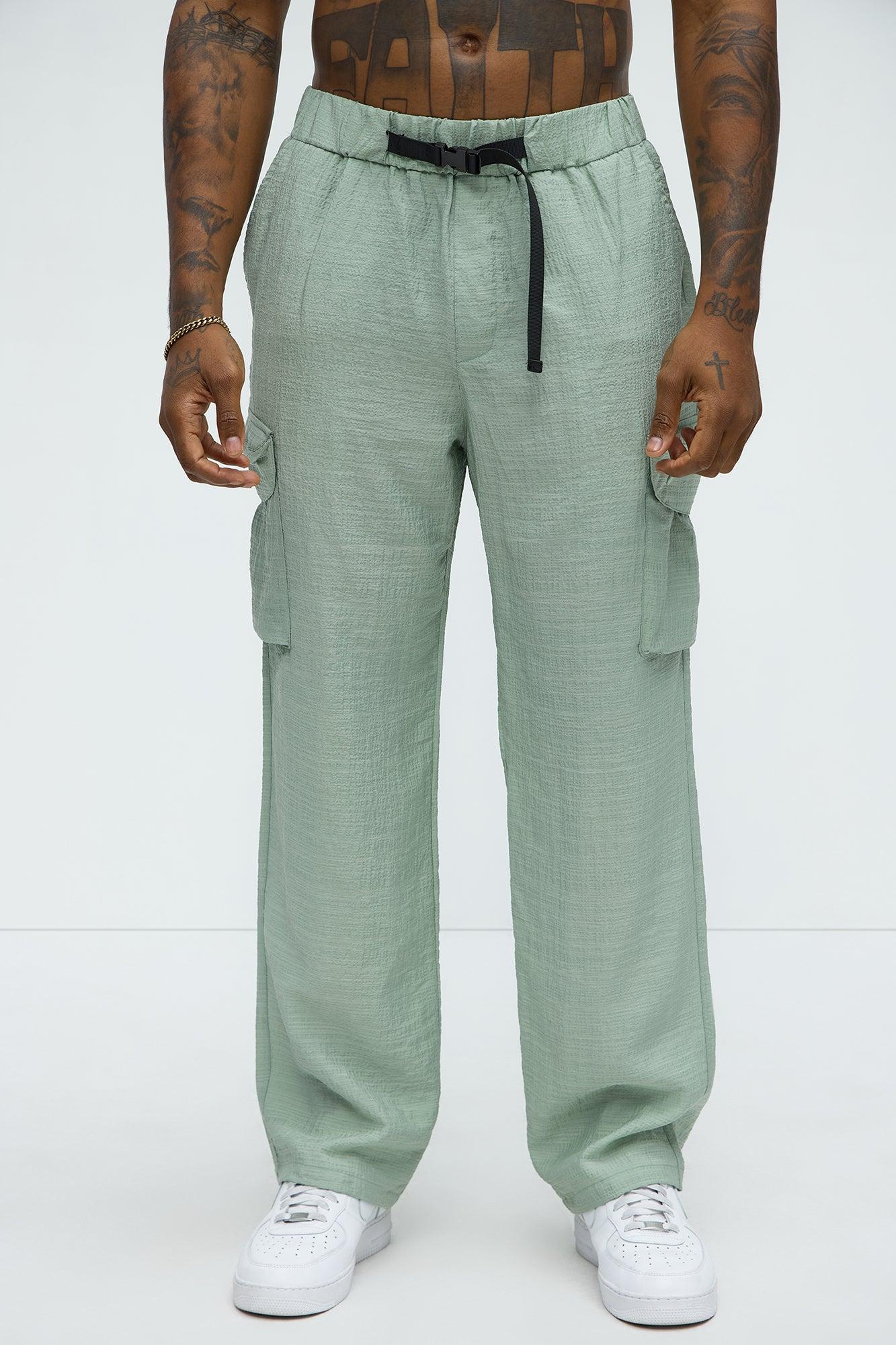 Crinkle Texture Belted Pants - Sage Product Image