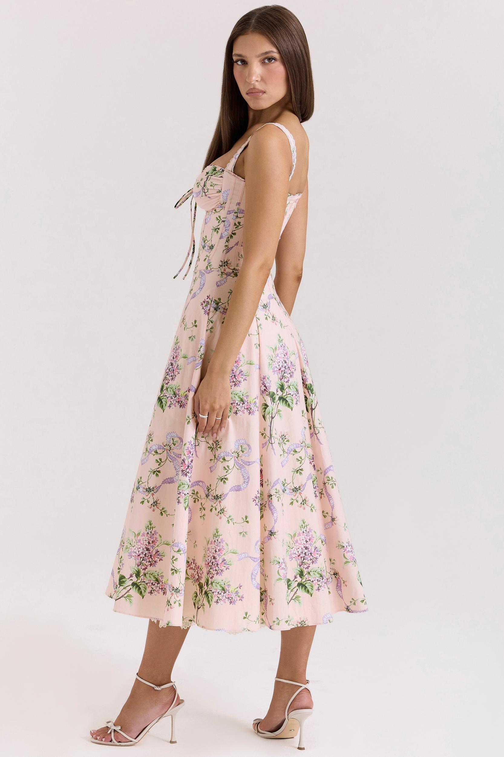 Rosalee  pink floral corset midi dress Product Image