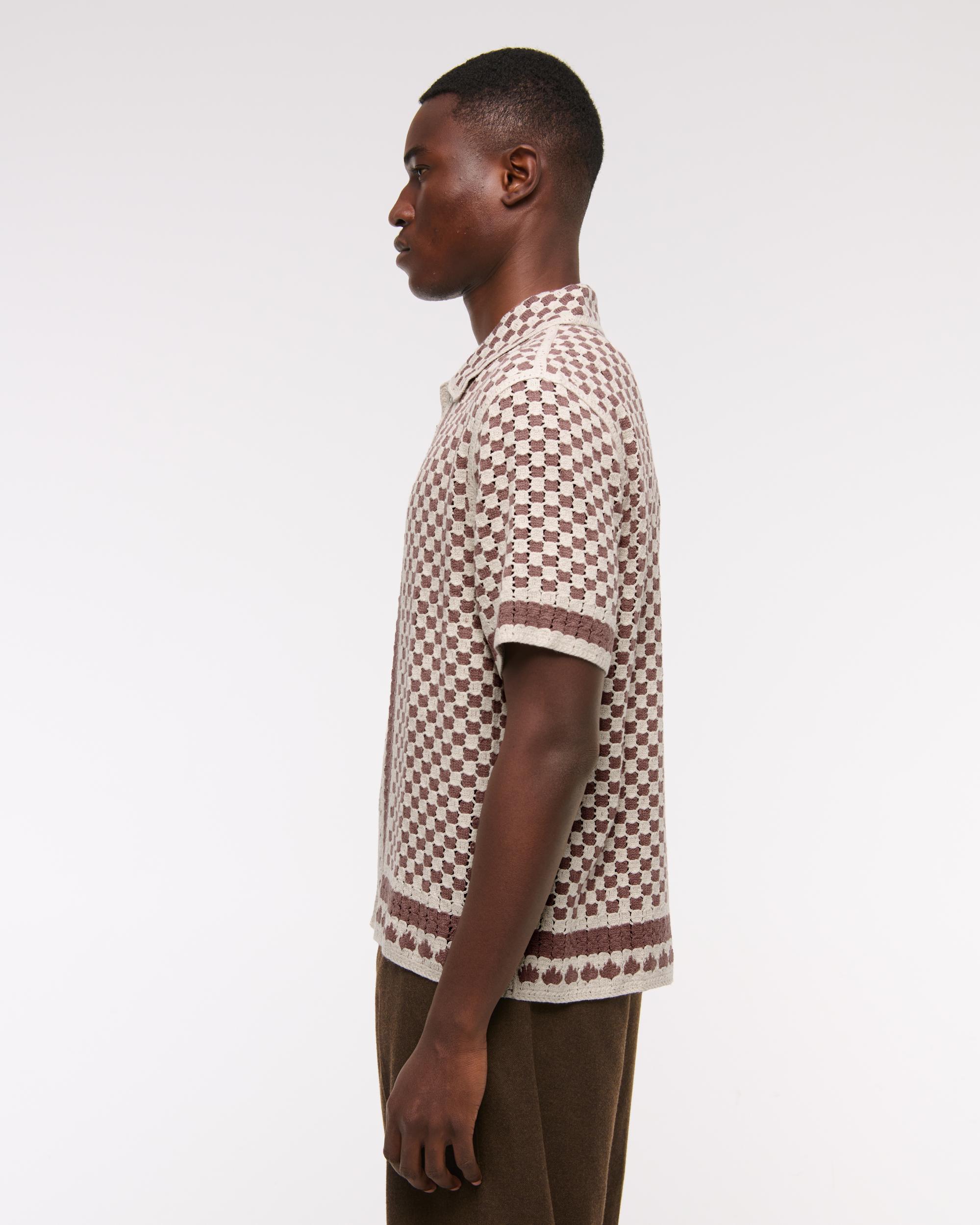 Crochet-Style Border Stripe Button-Through Sweater Polo Product Image