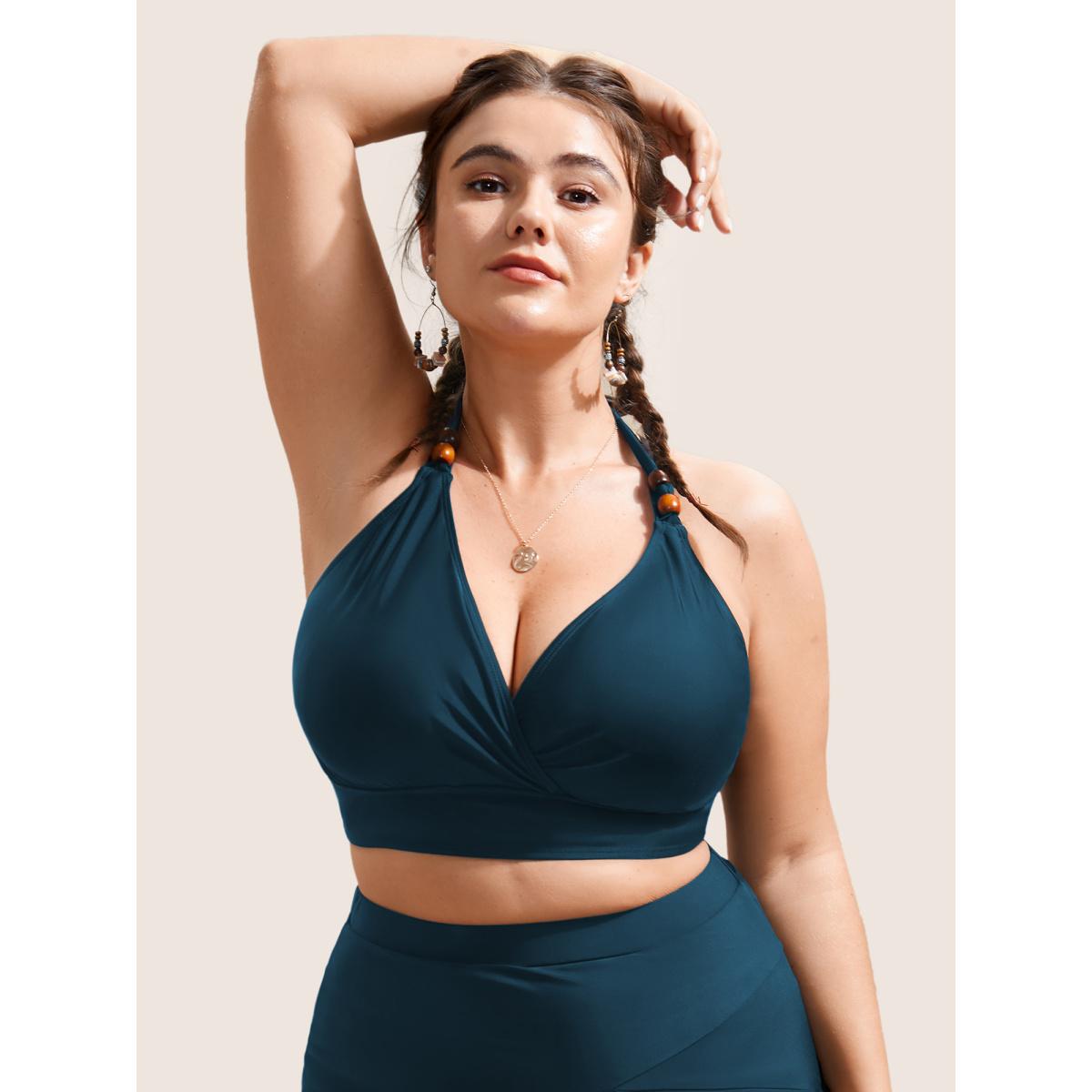 Plus Size Plain V Neck High Stretch Tie Knot Swim Top Women's Swimwear Deepred Resort Tie knot High stretch Skinny Overlap Collar Curve Swim Tops BloomChic 30/6X Product Image