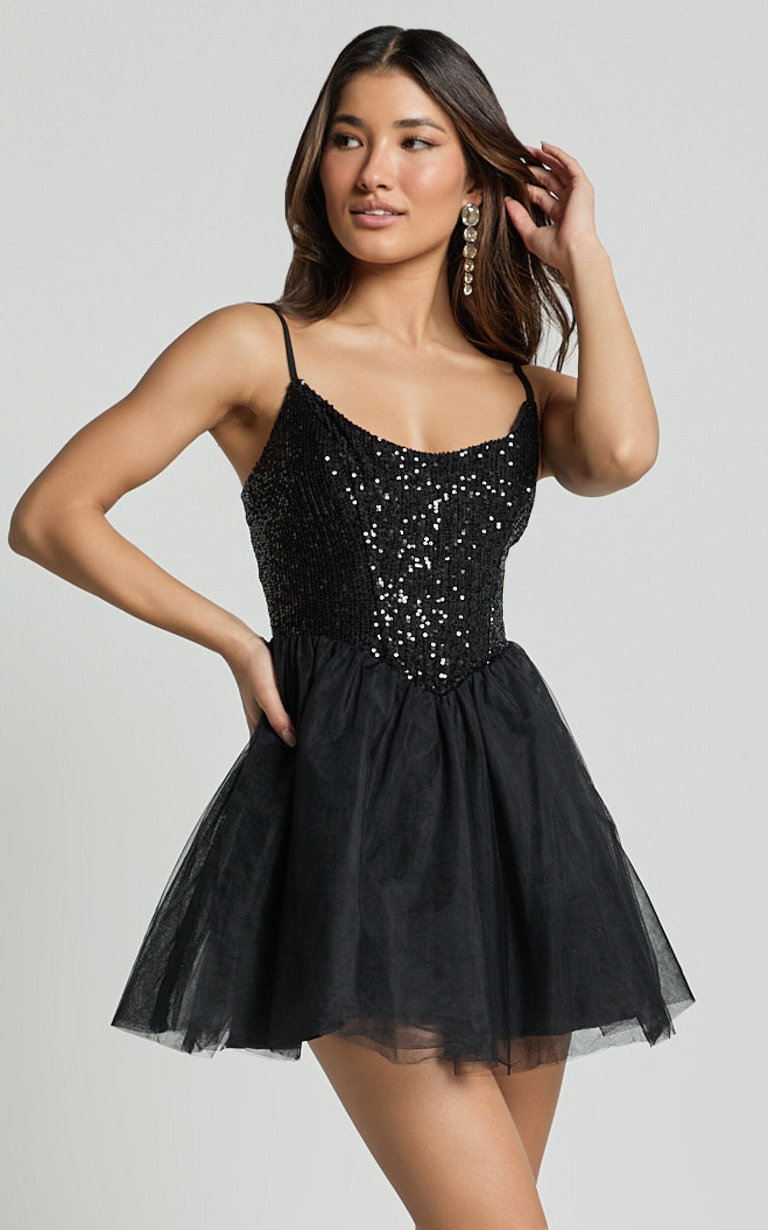 Violette Mini Dress - Sequin Corset Tulle Skirt Dress in Black Product Image