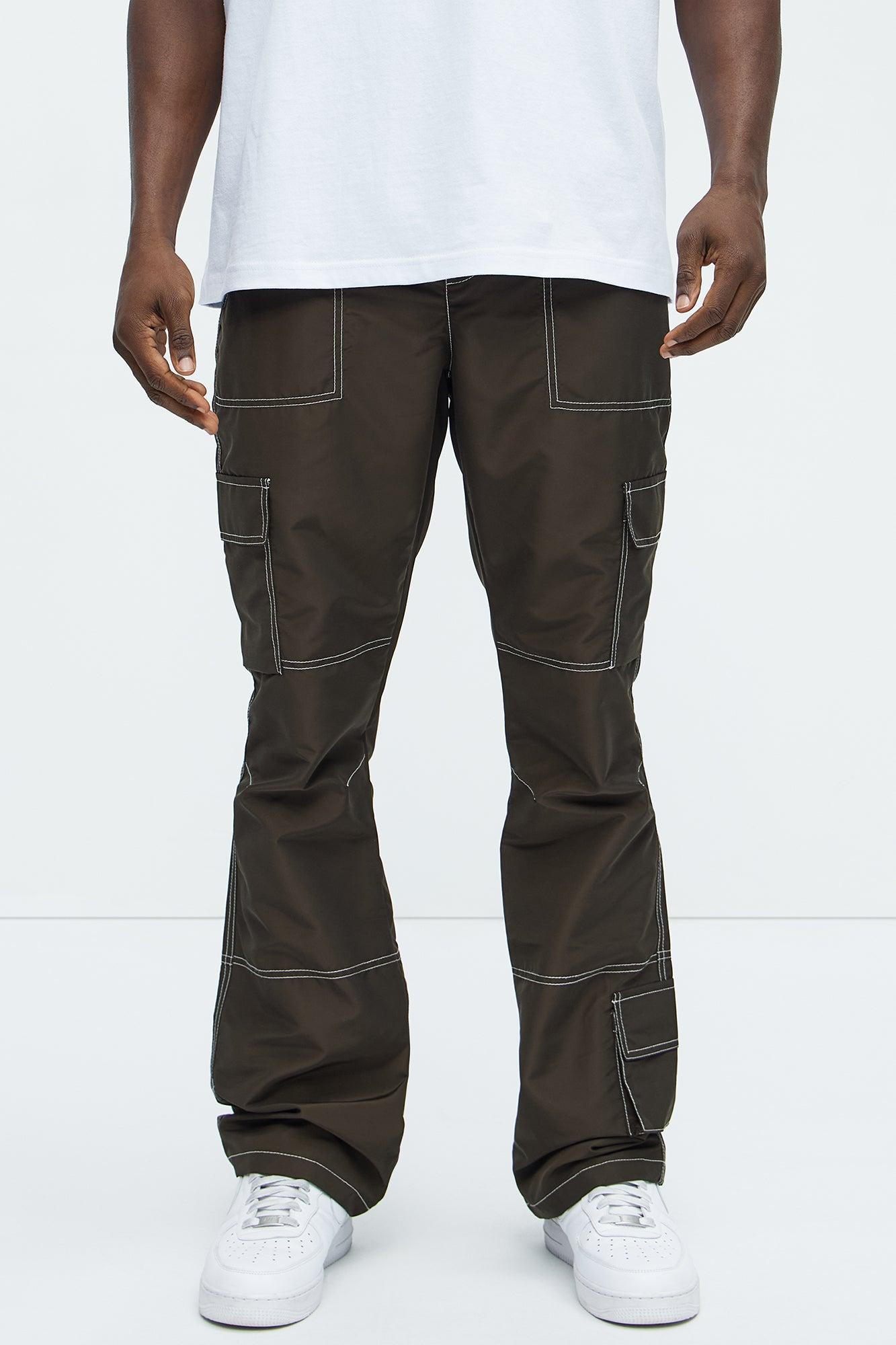 Contrast Stitch Nylon Flared Cargo Pants - Brown Product Image