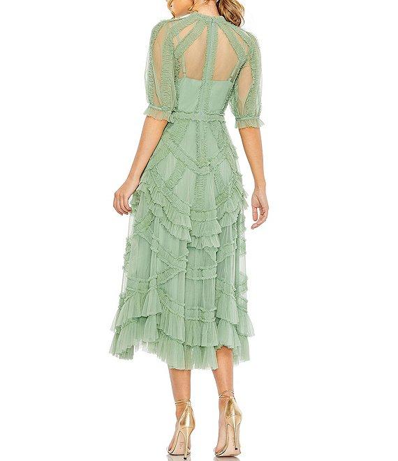 Mac Duggal Mock Neck Short Sleeve Tiered Ruffled Pleated Embellished A-Line Midi Dress Product Image