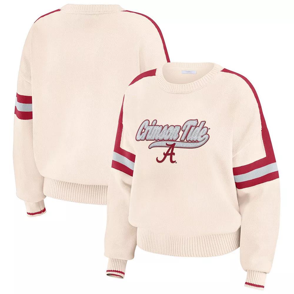 Women's WEAR by Erin Andrews Cream Alabama Crimson Tide Chenille Woven Patch Stripe Pullover Sweater,  Product Image