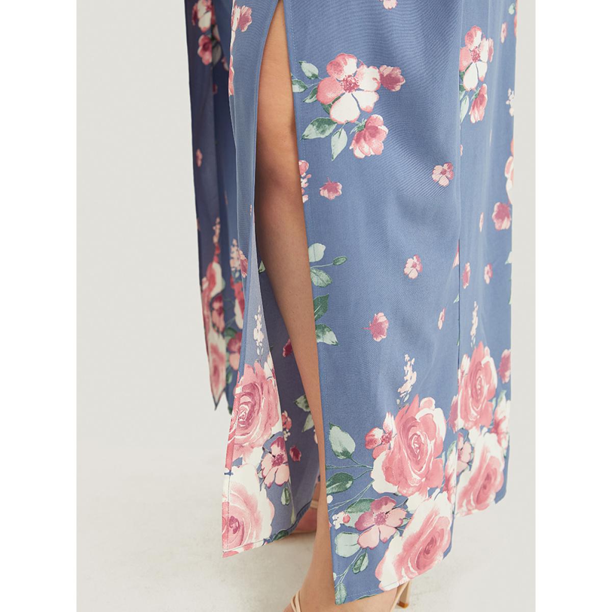 Plus Size Floral Print Pocket Split Wide Leg Pants Women Blue Elegant Mid Rise Dailywear Pants BloomChic 10/M Product Image