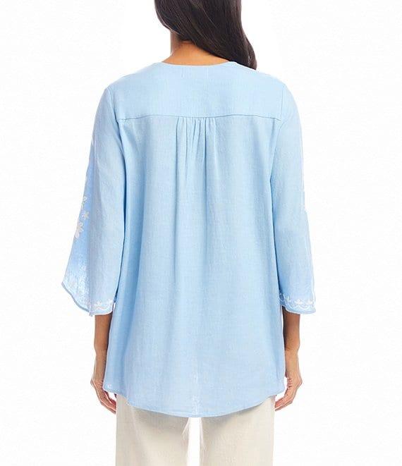 Karen Kane Embroidered V-Neck Linen Blend Flare 3/4 Sleeve Asymmetric Top Product Image