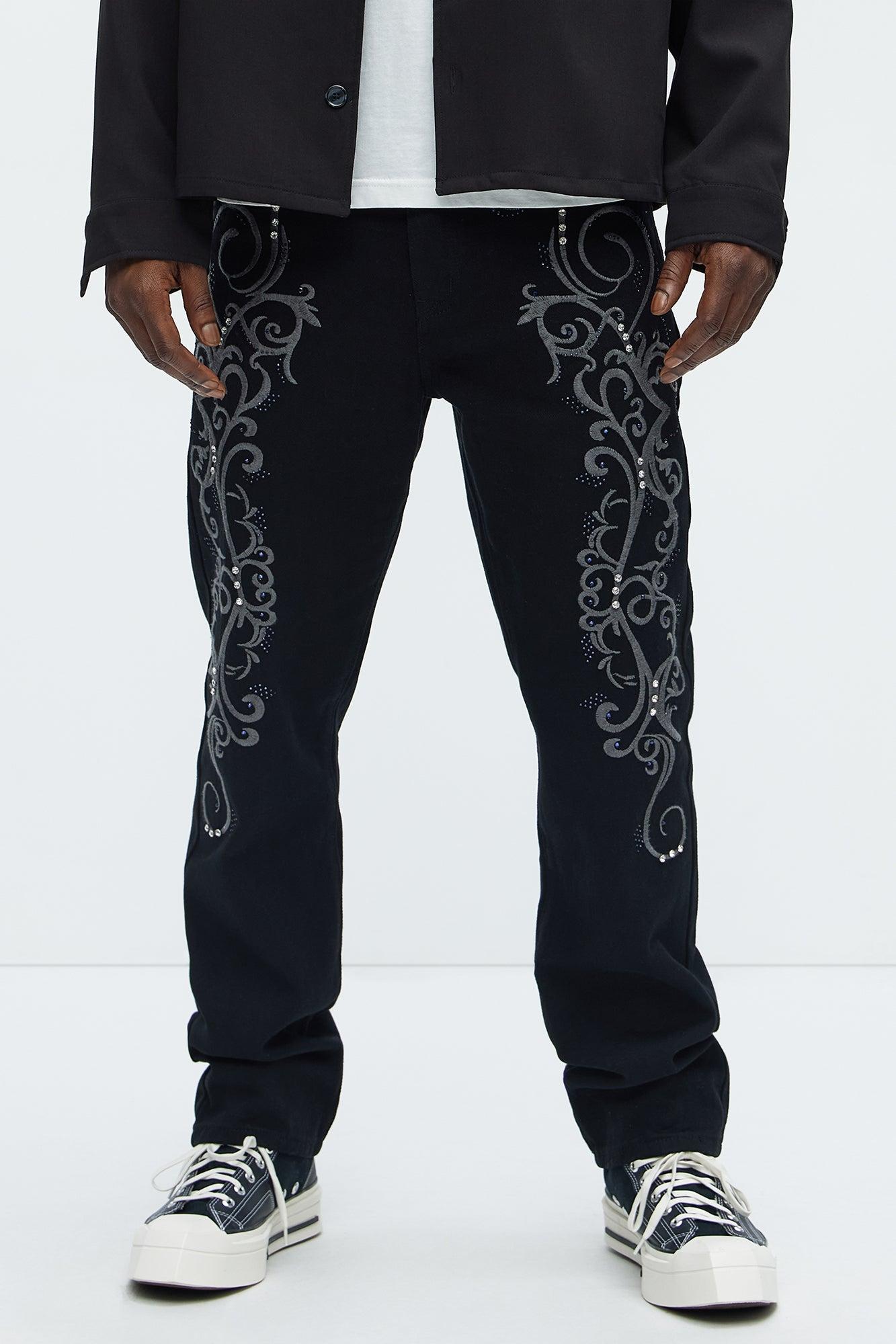 Kurt Rhinestone Embroidered Slim Jeans - Black Product Image