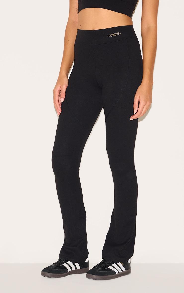 PRETTYLITTLETHING Black Sport Metal Badge Sculpt High Waist Flare Pants Product Image