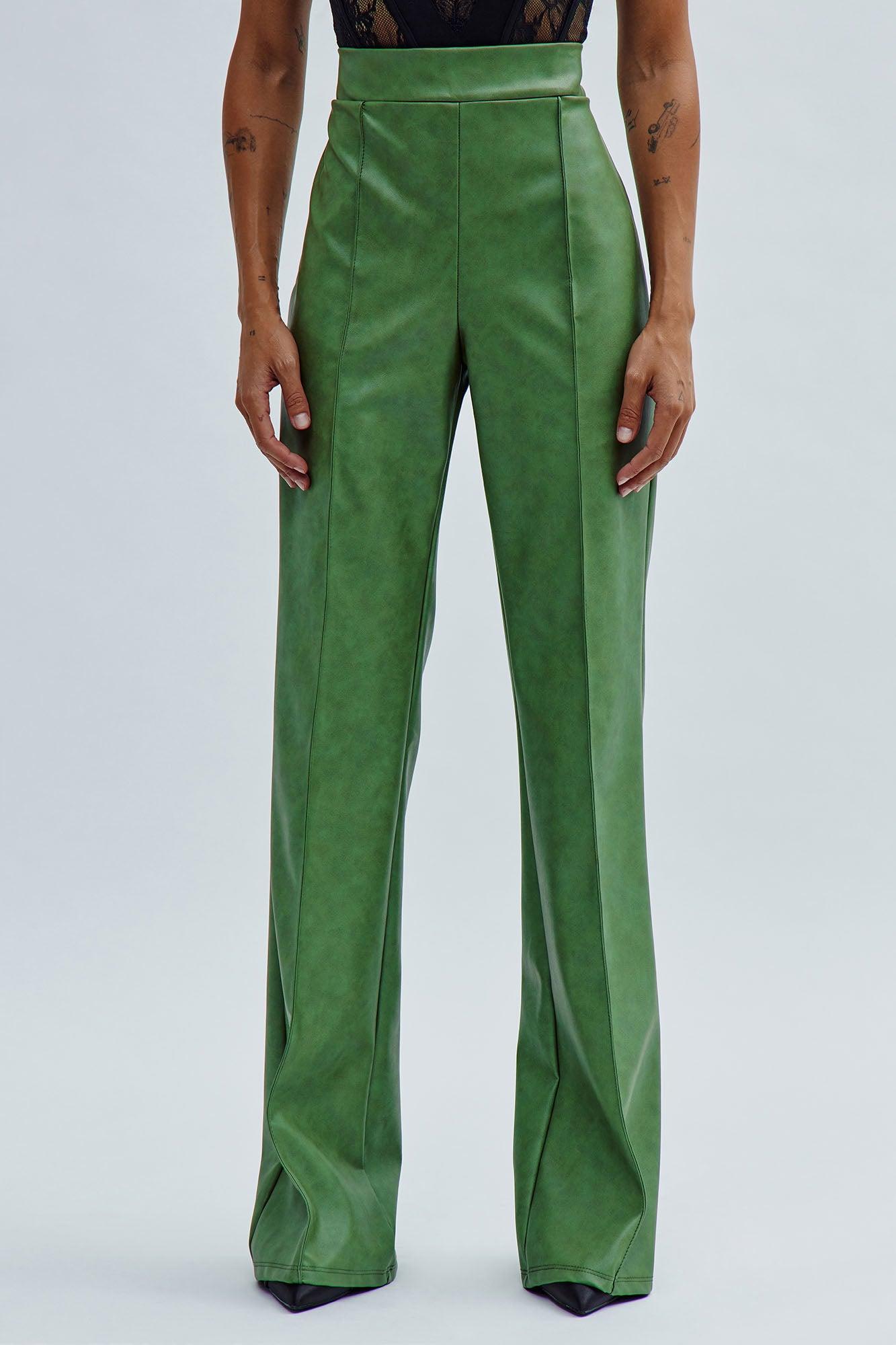 Victoria High Waisted Washed Faux Leather Dress Pants - Olive Product Image