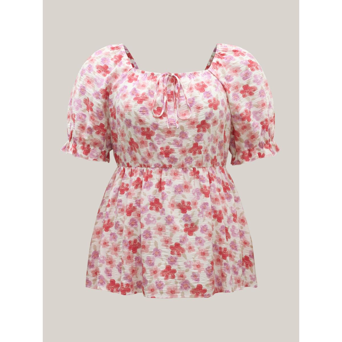 Plus Size Watermelon Floral Print Square Neck Tie Blouse Women Short sleeve Square Neck Everyday-Elegant Blouses BloomChic 28/5X Product Image