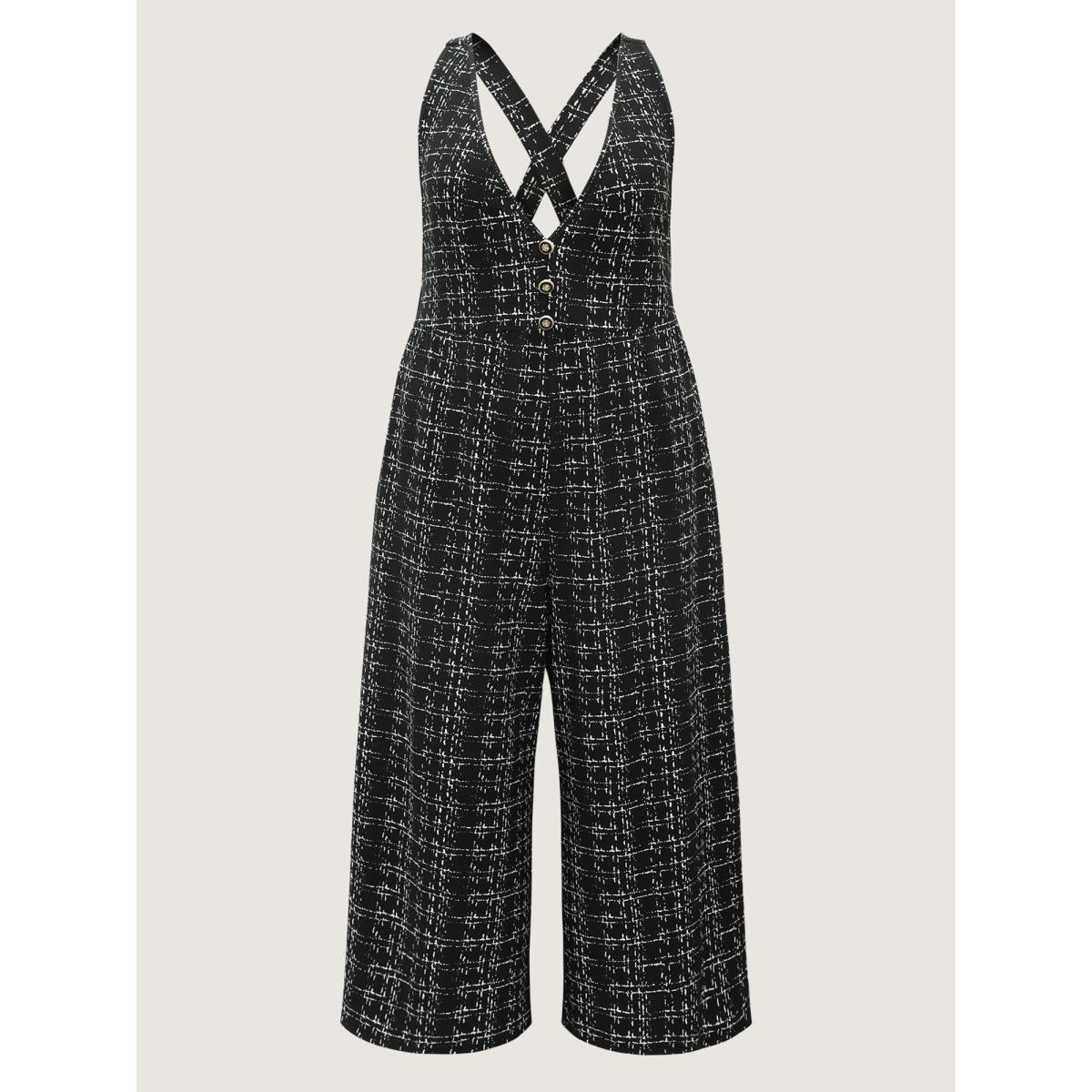 Plus Size Black Plaid Tweed Crisscross Back Button Detail Jumpsuit Women Work From Home Sleeveless Non Work Loose Jumpsuits BloomChic 30/6X Product Image