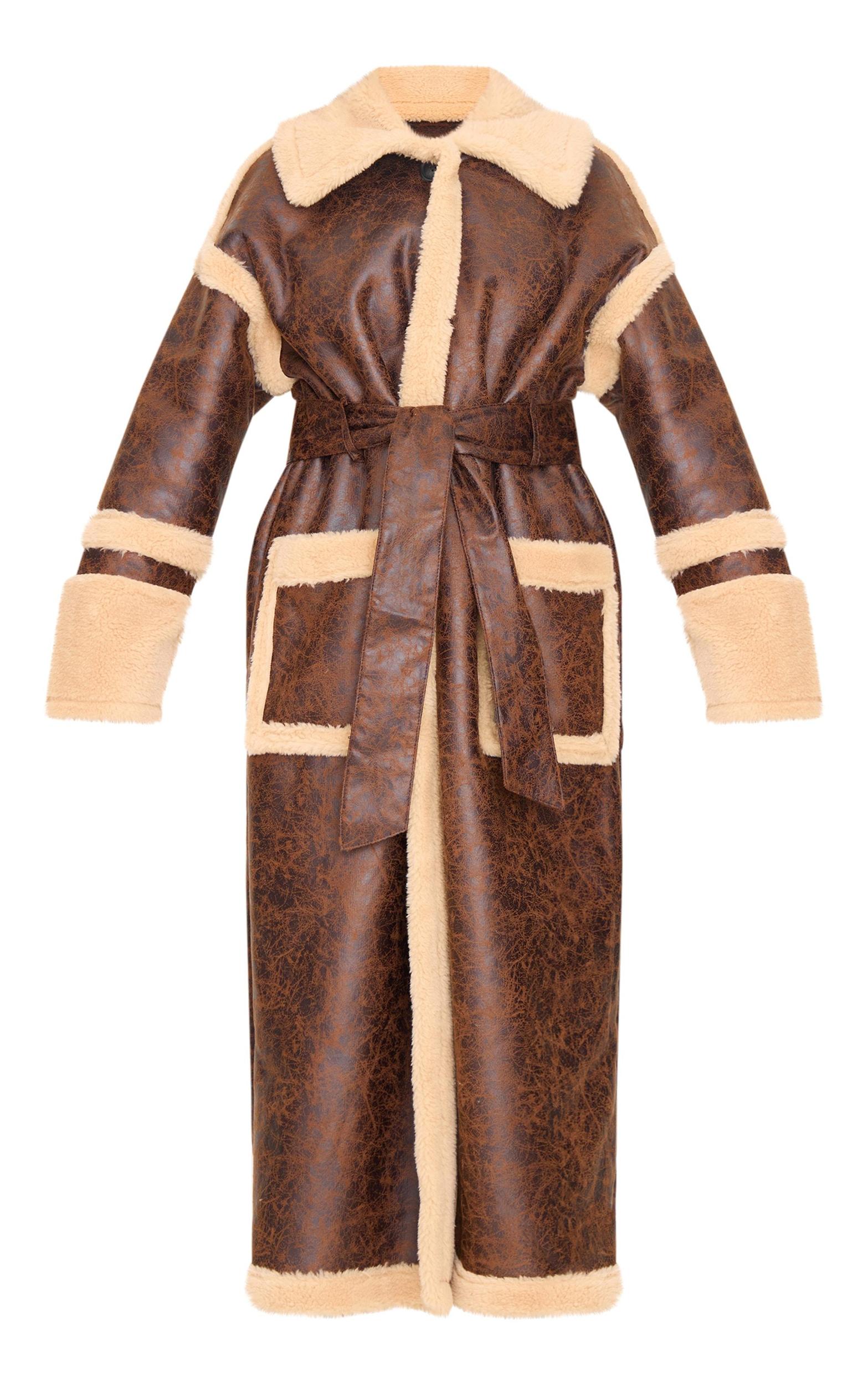 Brown Faux Leather Vintage Look Borg Coat Product Image