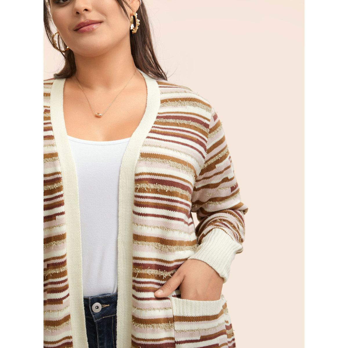 Plus Size Striped Kimono Collar Pocket Cardigan Beige Women Casual Loose Long Sleeve Everyday Cardigans BloomChic 18-20/2X Product Image