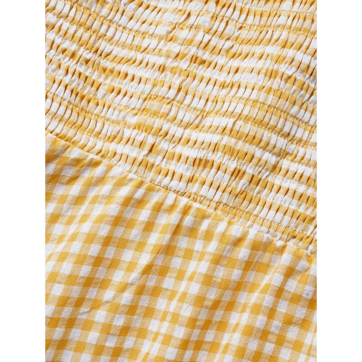 Plus Size Turmeric Heart Neckline Gingham Shirred Lantern Sleeve Blouse Women Casual Elbow-length sleeve Heart neckline Everyday Blouses BloomChic 14-16/1X Product Image