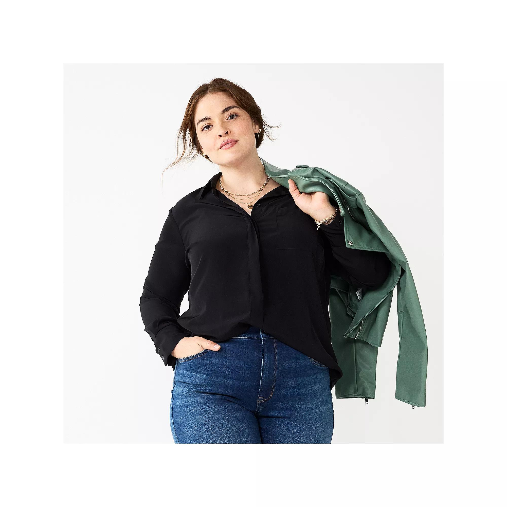 Plus Size Nine West Drapey Button Down Shirt, Women's, Size: 1XL, Mineral Black Product Image