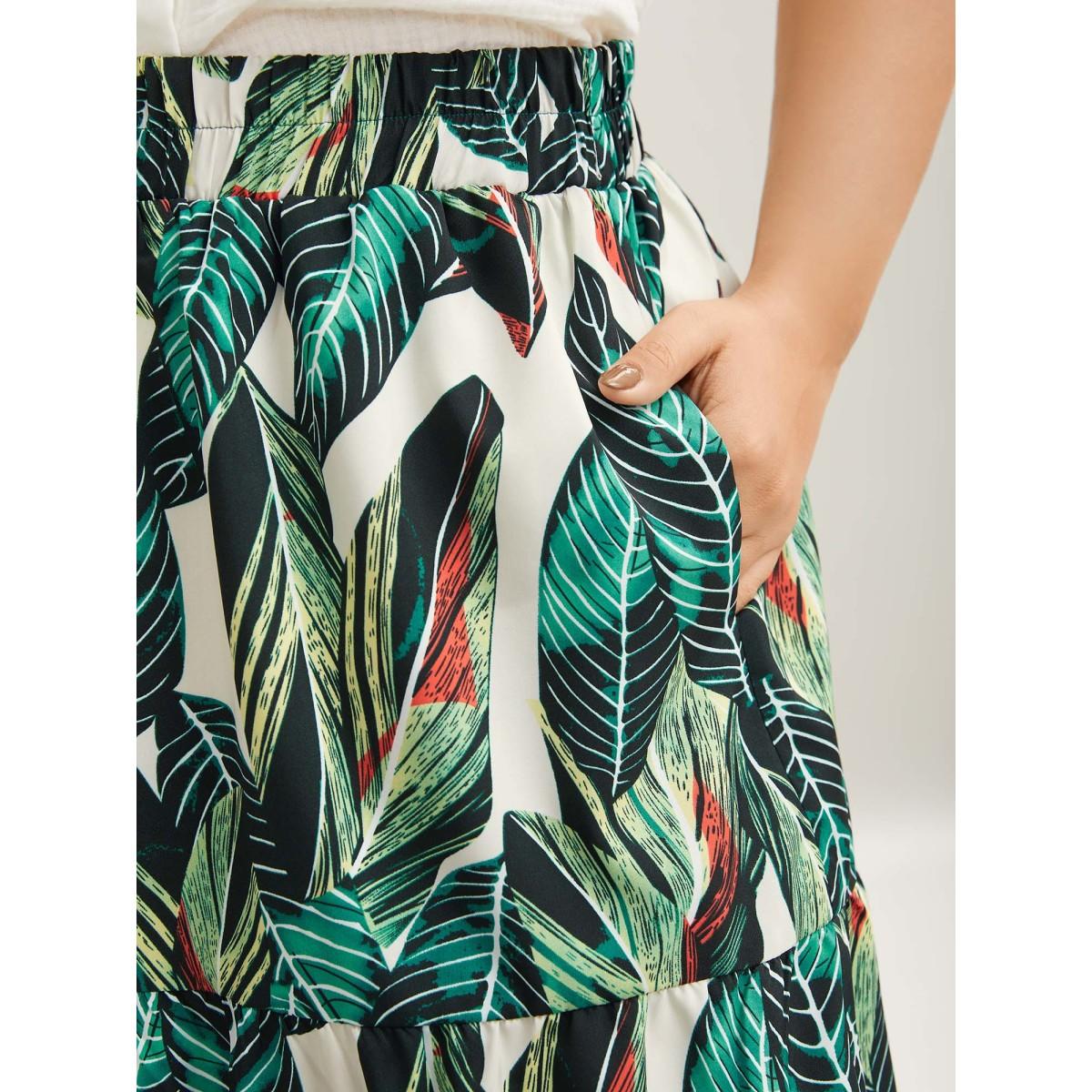 Plus Size Tropical Floral Pattern Tiered Midi Skirt Women Emerald Elegant Bodycon Low stretch Side seam pocket Belt Everyday Skirts BloomChic 26/4X Product Image