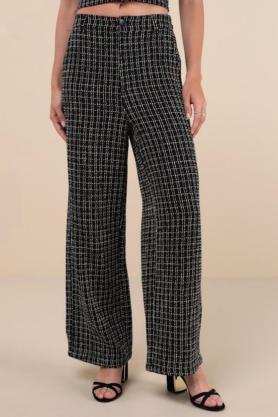 Posh Perception Black and White Plaid Tweed Wide-Leg Pants Product Image