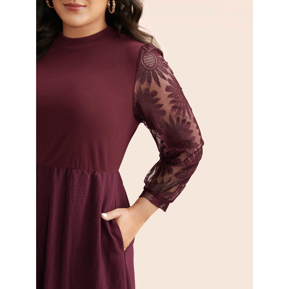 Plus Size Plum Crochet Lace Mesh Mock Neck Jumpsuit Women Elegant Long Sleeve Mock Neck Everyday Loose Jumpsuits BloomChic 18-20/2X Product Image