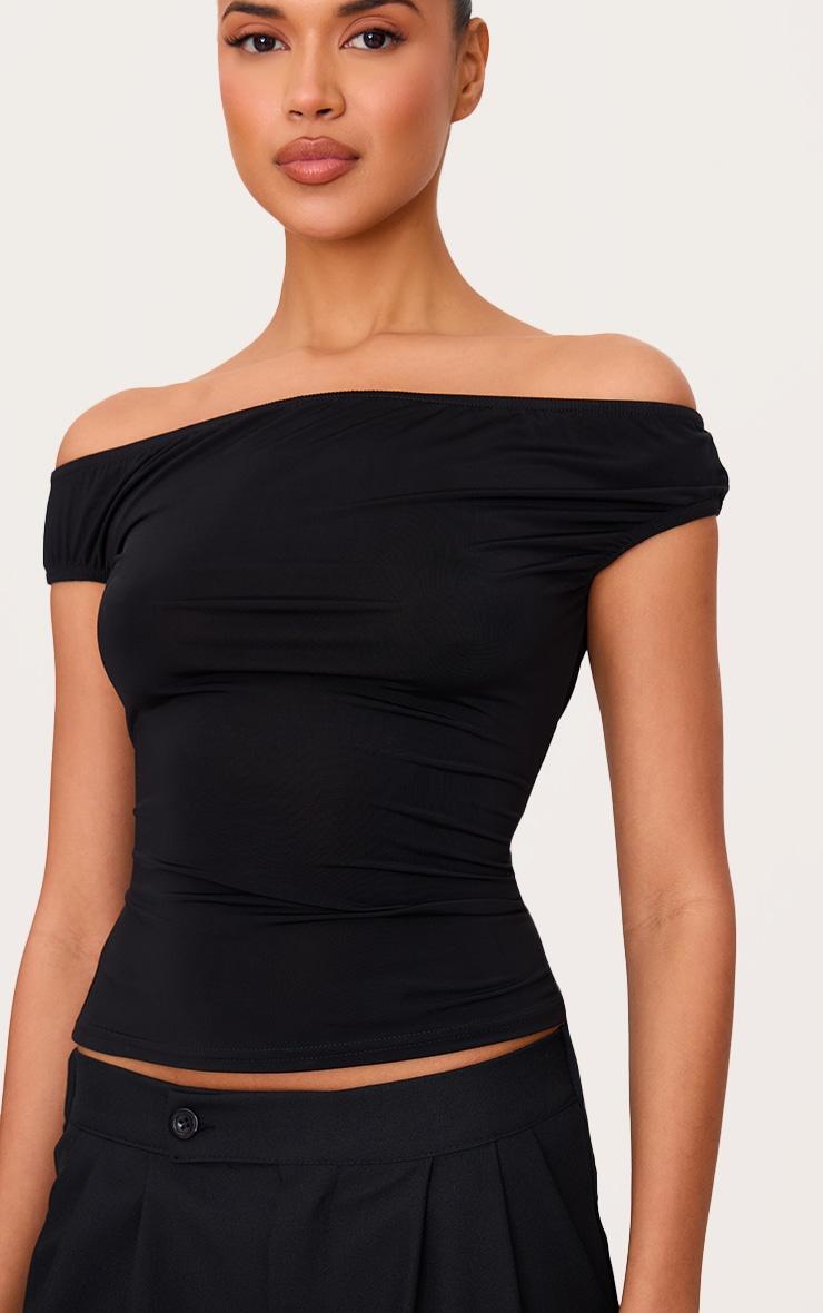 Black Slinky Asymmetric Bardot Long Top Product Image