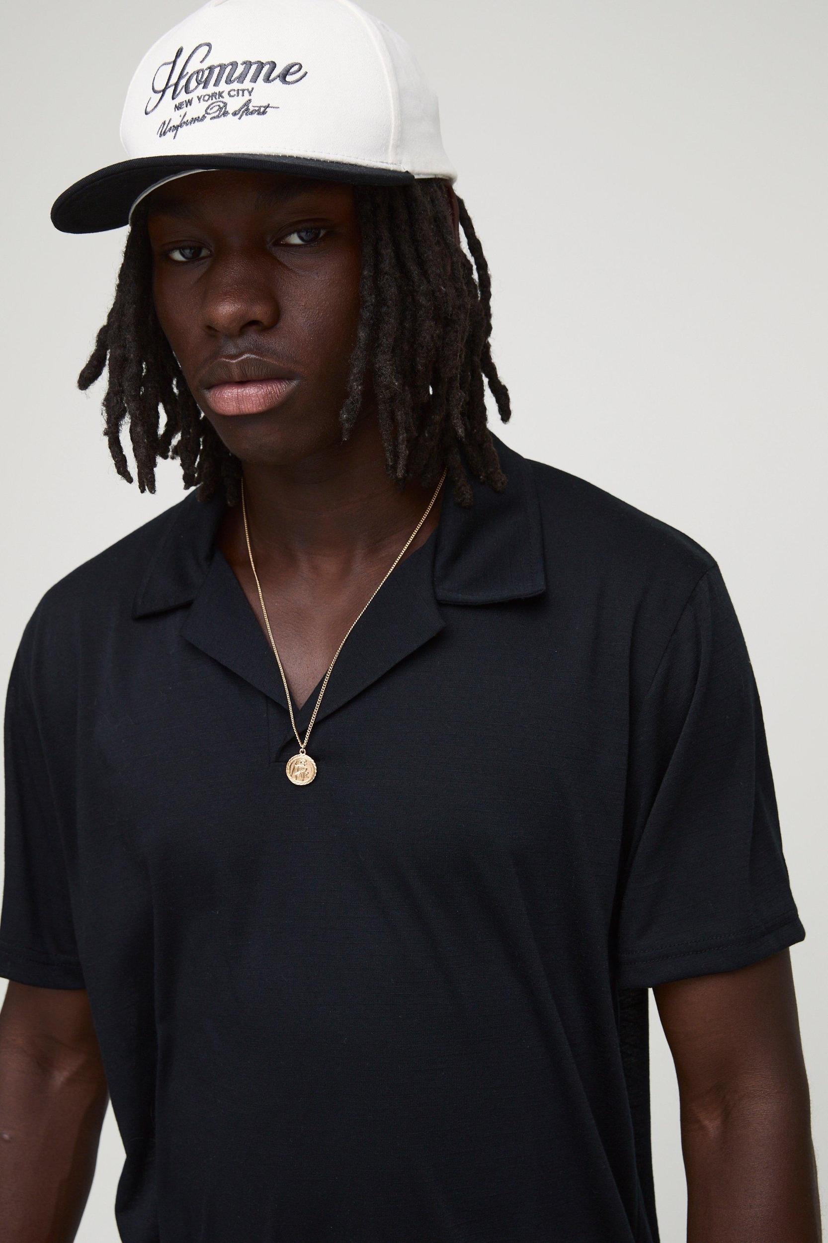 Regular Fit Revere Slub Polo | boohooMAN USA Product Image