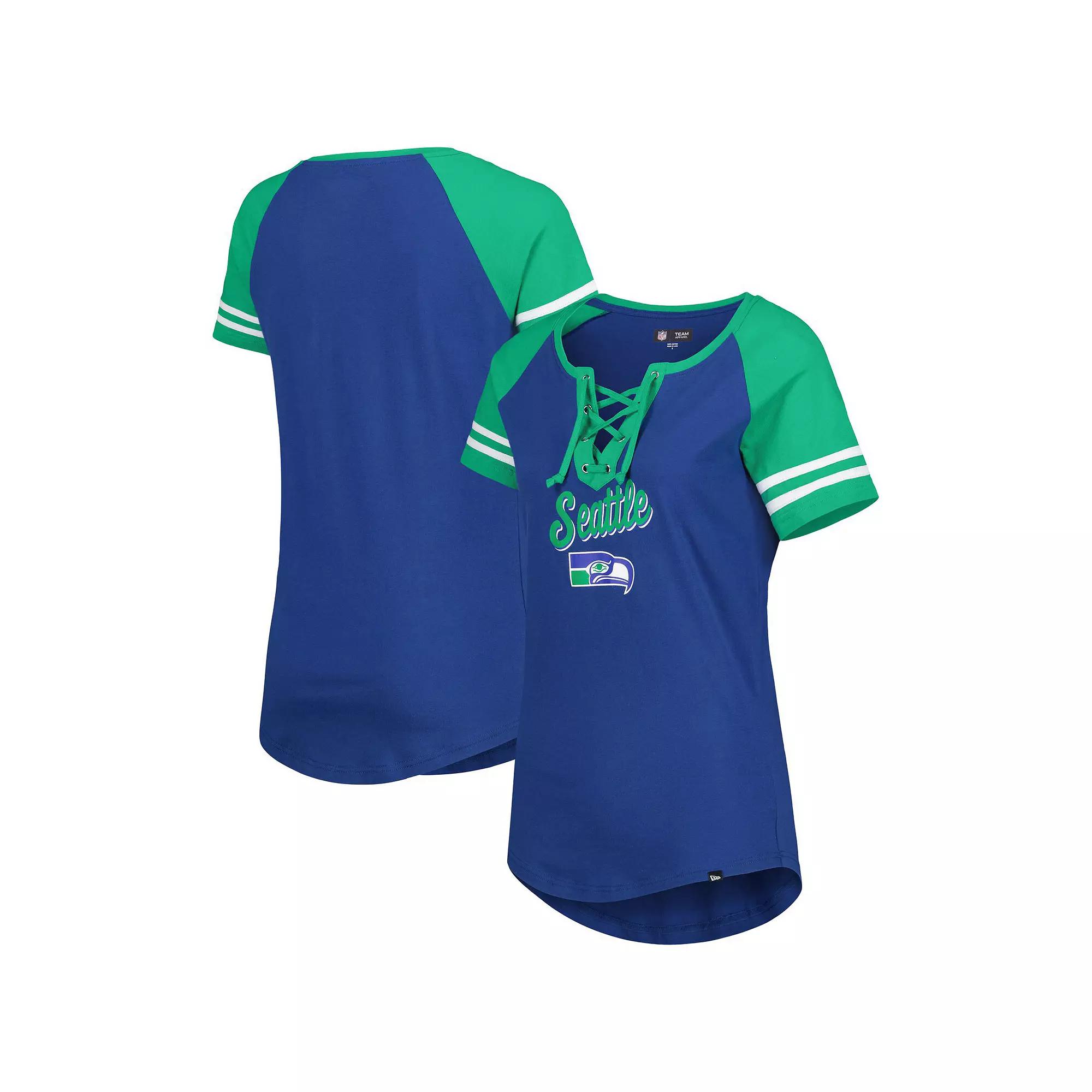 Women's New Era Royal/Green Seattle Seahawks Legacy Lace-Up Raglan T-Shirt,  Product Image