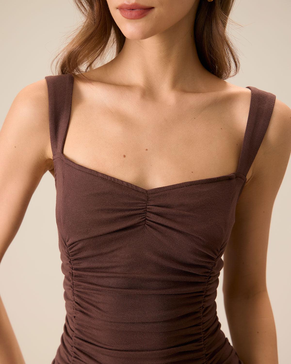 Women's Coffee Ruched Knitted Slip Midi Dress Female Product Image