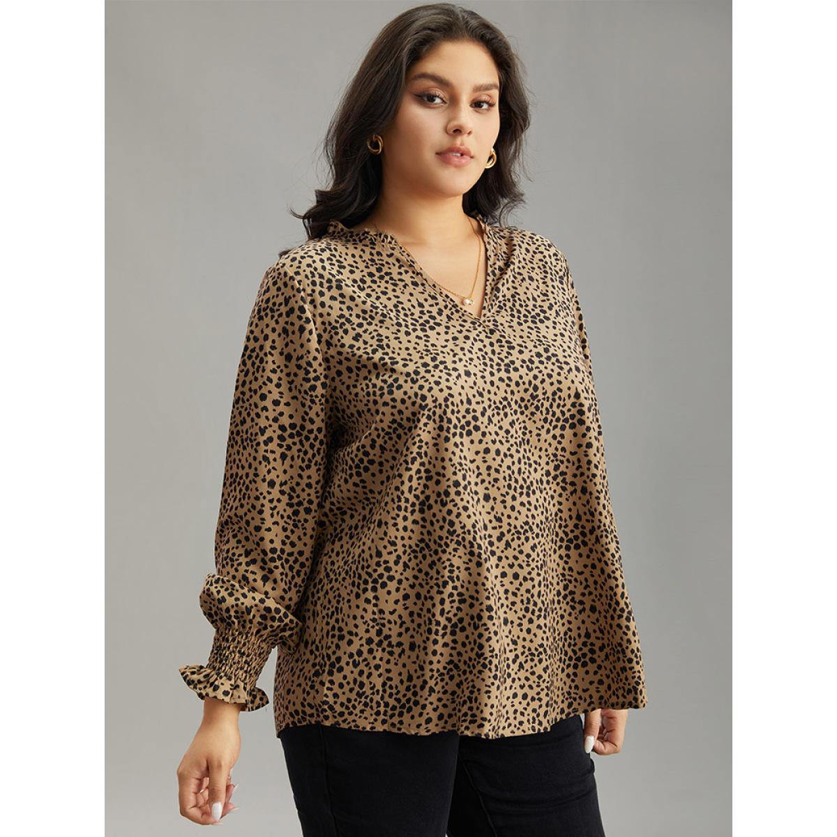 Plus Size Brown Leopard Shirred Notched Lantern Sleeve Blouse Women Elegant Long Sleeve Notched collar Dailywear Blouses BloomChic 22-24/3X Product Image