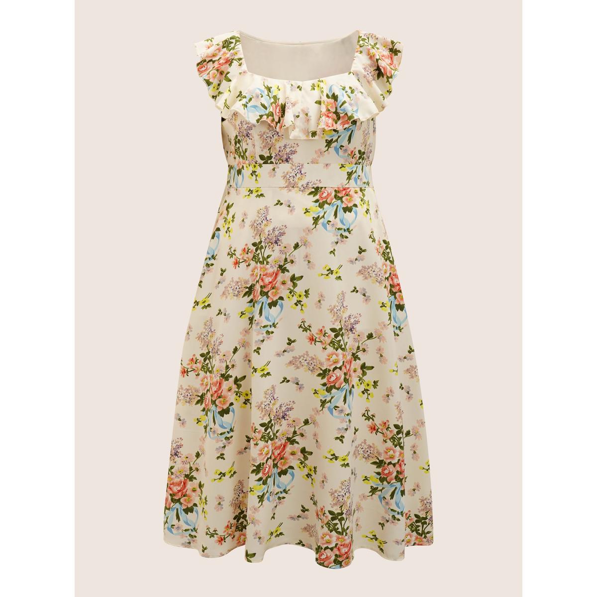 Plus Size Square Neck Floral Ruffle Trim Dress Beige Women Elegant Ruffles Square Neck Sleeveless Curvy BloomChic 22-24/3X Product Image