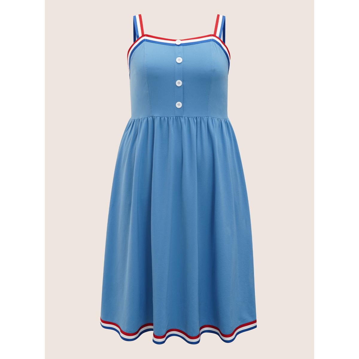 Plus Size Contrast Webbing Button Detail Midi Dress Skyblue Women Casual Gathered Non Sleeveless Curvy BloomChic 10/M Product Image