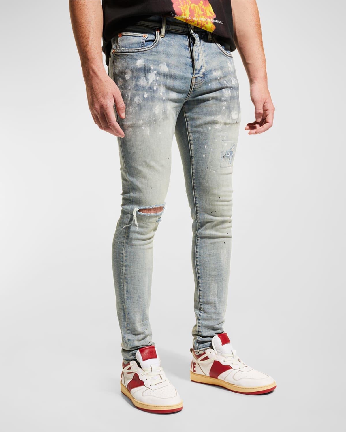 Men's P001 Light Indigo Paint Blowout Skinny Jeans Product Image