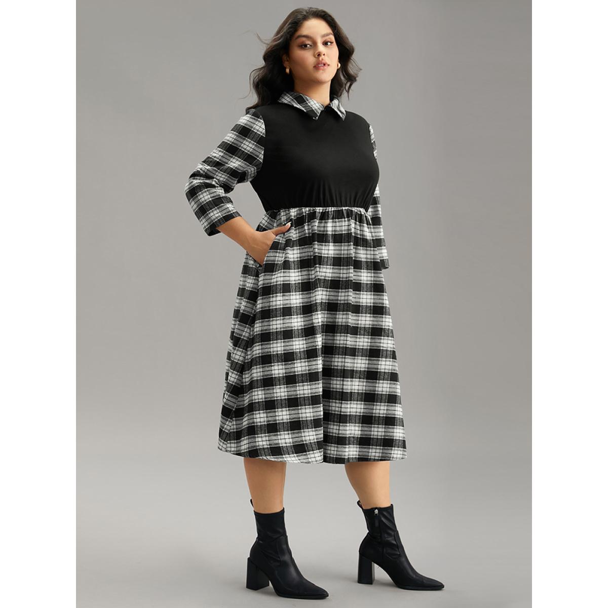 Plus Size Plaid Patchwork Elastic Waist Lapel Collar Dress Black Women Casual Printed Lapel Collar Elbow-length sleeve Curvy Midi Dress BloomChic 18-20/2X Product Image