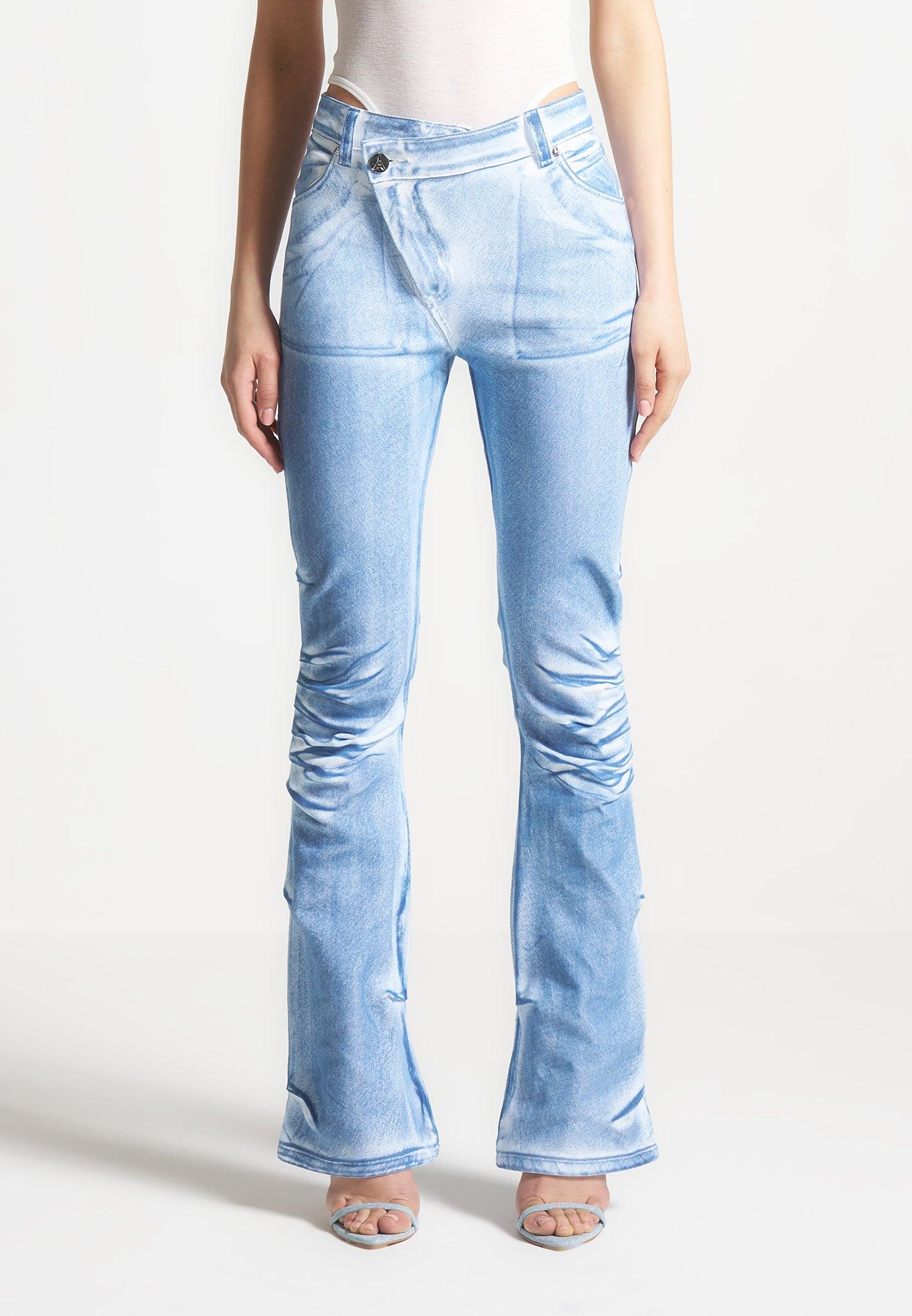 Denim Effect Tacked Fit and Flare Jeans - White/Blue Female Product Image