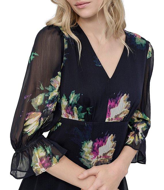 DKNY by Donna Karan 3/4 Sleeve Floral Print Fit and Flare Dress Product Image