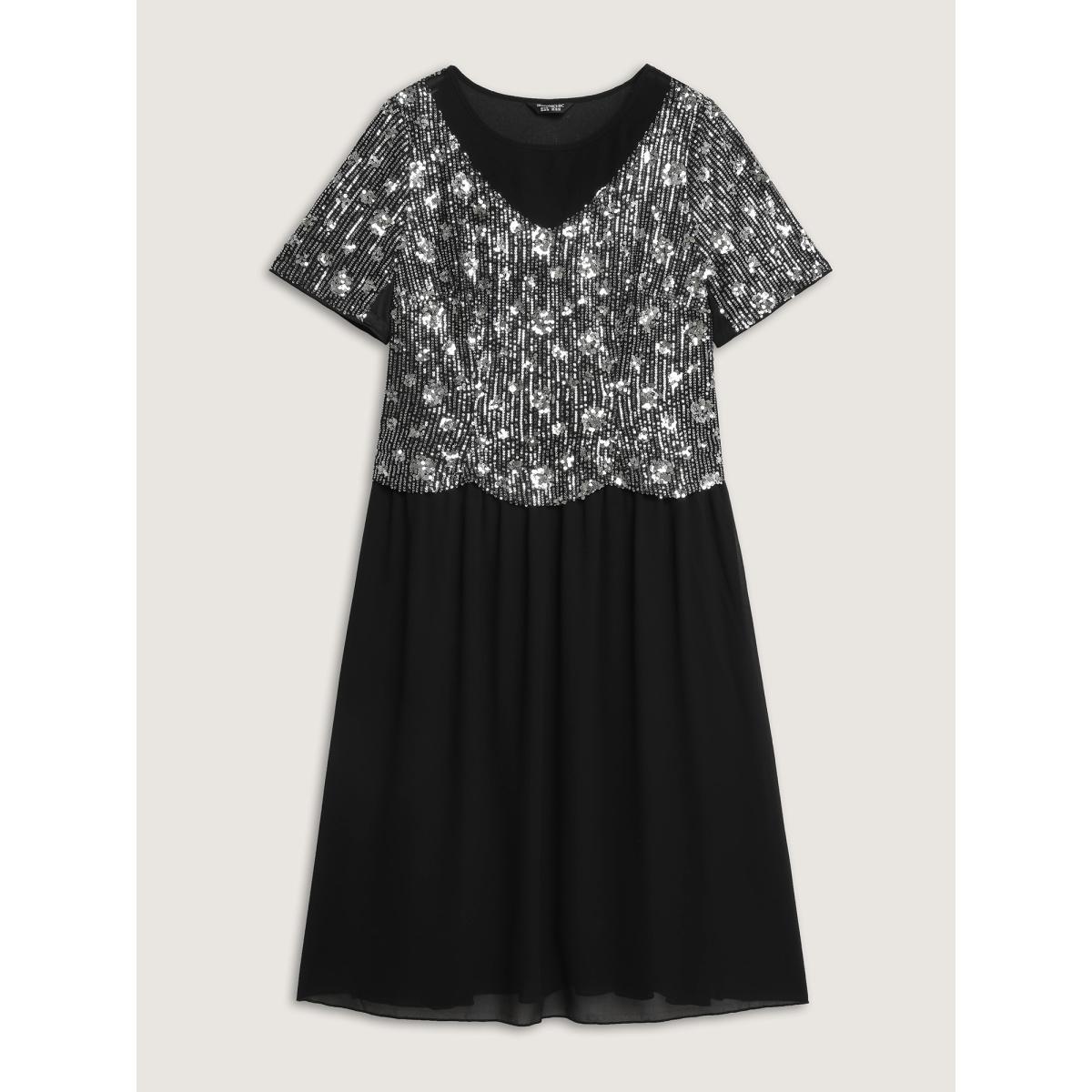 Plus Size Sparkly 2-In-1 Color Contrast Midi Dress Black Women Party&Cocktail Contrast Round Neck Short sleeve Curvy BloomChic 14-16/1X Product Image