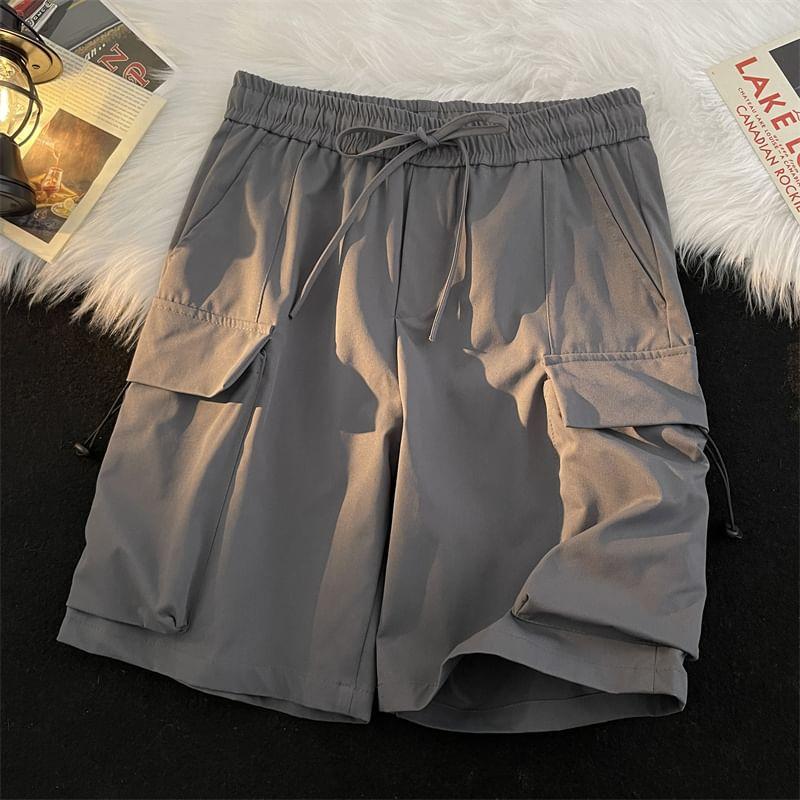 Mid Rise Plain Drawstring Cargo Shorts Product Image