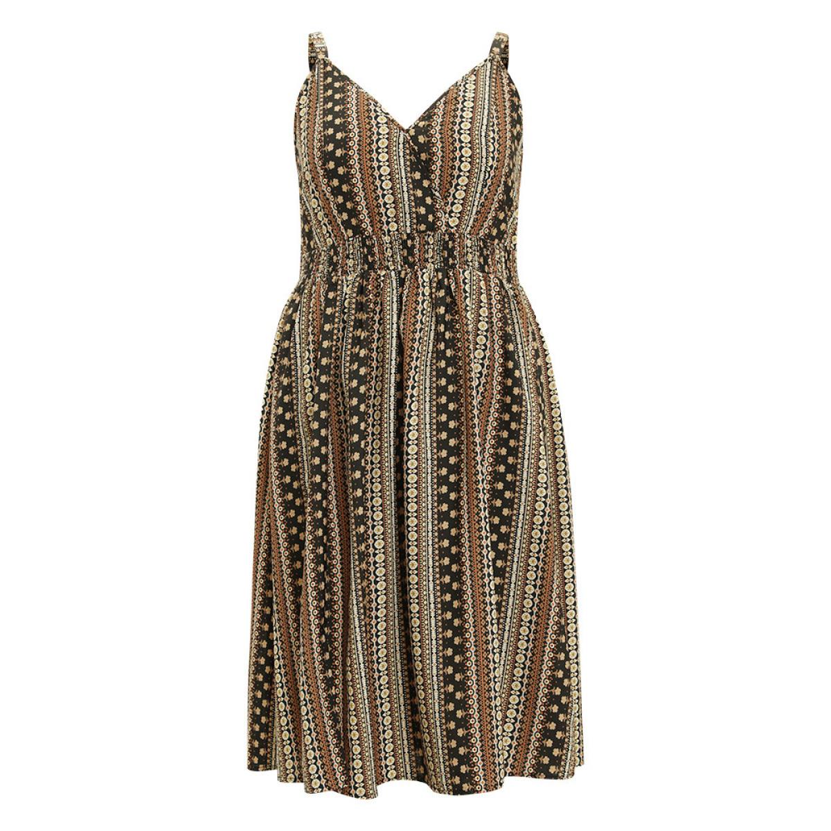 Plus Size Bandana Print Shirred Pocket Split Wrap Cami Dress DarkBrown Women Vacation Adjustable Straps Spaghetti Strap Sleeveless Curvy Midi Dress BloomChic 30/6X Product Image