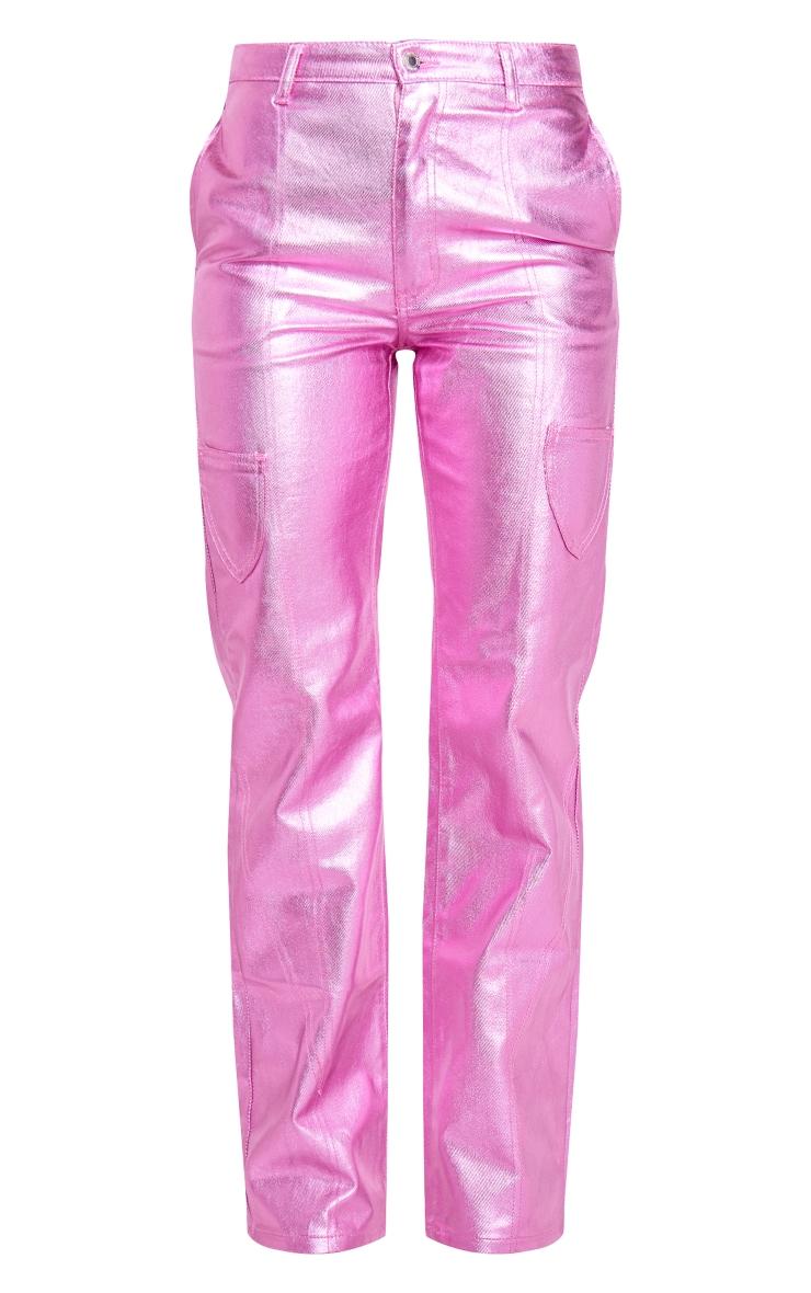 Pink Metallic Denim Stitch Detail Straight Leg Jeans Product Image