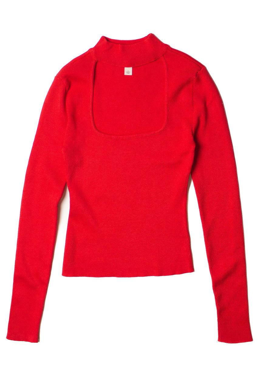 Red Ribbed Mock Neck Cut Out Sweater Product Image