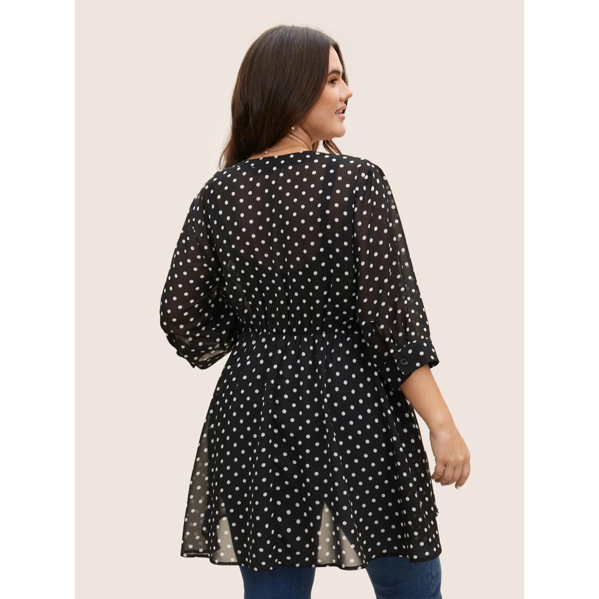 Plus Size Black Chiffon Polka Dot Button Detail Blouse Women Elegant Elbow-length sleeve Flat collar with V-notch Everyday Blouses BloomChic 10/M Product Image
